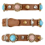 All sides of a black leather cat collar with turquoise luxury stones in the “Bohemian Jewel” design, displayed in a slightly elevated angle on a white background.