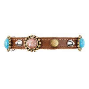 A black leather cat collar with turquoise luxury stones in the elegant “Bohemian Jewel” design, shown from the front in a slightly elevated angle on a white background.