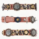 All‑around presentation of the “Camouflage Luxe” cat collar, displaying its leopard‑print leather, spikes, and overall proportions from every angle.