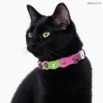 Collier Chat Fantaisie en Cuir Rose Velours & Vert – “Happy Starlight” – Image 2