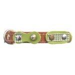 Vue avant du collier pour chat en cuir brun fait main au style vintage rétro vert, photographié sous un angle légèrement surélevé sur fond blanc.