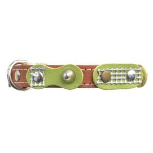 Vue avant du collier pour chat en cuir brun fait main au style vintage rétro vert, photographié sous un angle légèrement surélevé sur fond blanc.