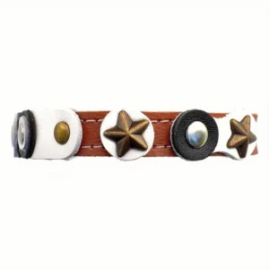 Vista frontal del collar para gato en cuero marrón con estilo negro‑blanco de estrellas, moderno elegante y retro‑llamativo sobre fondo blanco limpio.