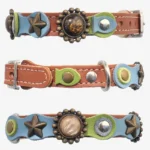 All-sides view of the brown leather “Springtime Spark” fantasy cat collar featuring soft pastel leather, natural stones, star details and a dreamy spring-inspired design.