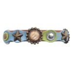 Front-side view of the brown leather “Springtime Spark” fantasy cat collar featuring pastel green and blue leather, brass stars and natural sand-beige stones.