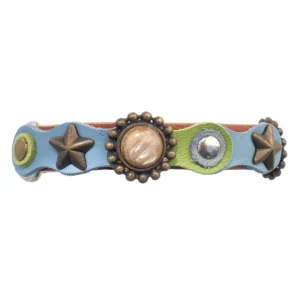 Front-side view of the brown leather “Springtime Spark” fantasy cat collar featuring pastel green and blue leather, brass stars and natural sand-beige stones.