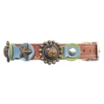 Right-side view of the brown leather “Springtime Spark” fantasy cat collar featuring pastel green and blue leather, silver-tone studs and playful brass stars.