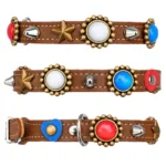 Brown leather cat collar with red‑white‑blue hearts & stones shown from all sides, revealing the complete handmade design and its vibrant, eye-catching character.