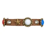 Right-side view of a brown leather cat collar with red‑white‑blue hearts & stones, highlighting its vivid colour contrast, decorative details and distinctive handmade style.