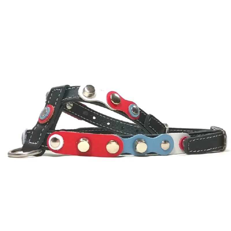 Harnais Chien Cuir “Dutch Breeze” – Vue Droite Harnais en cuir noir avec pièces rouge, blanc et bleu au style aérodynamique et clous argentés brillants, vu du côté droit.