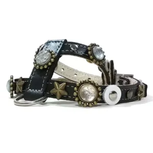 Schwarzes Leder­geschirr mit mondfarbenen Steinen, weißen Mondsichel‑Patches, antiken Goldsternen und gemischten Metallornamenten, von rechts gesehen.