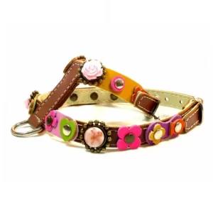 Linkerkant van kleurrijk vintage stijl leren hondentuigje met roze rozen, bloemen en stenen.