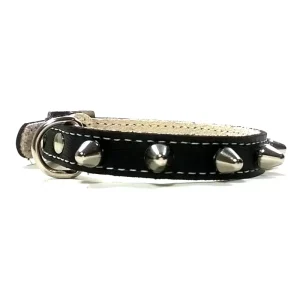 Voorkant van punk leren kattenhalsband met spikes in zwart leer met D-ring.