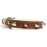 Voorkant van punk leren kattenhalsband met spikes in bruin leer met D-ring.
