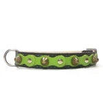 Collier en cuir noir avec couche vert forêt, clous argentés et pointes en laiton du design “Forest Bold”. Convient aux chiens actifs comme le Cocker Spaniel et le Beagle, dont les couleurs naturelles s’accordent bien avec le vert boisé.