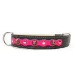 Large black leather dog collar with a striking fuchsia top layer, flat silver studs and rounded brass spikes from the “Glam Diva” design. A glamorous, high‑impact match for large dogs like the Labrador Retriever, Golden Retriever and the less‑common Finnish Spitz, whose confident posture fits the diva look.