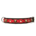 Hochwertiges schwarzes Lederhalsband mit silbernen Nieten, messingfarbenen Spikes und roten Patches aus der “Hot Rebel” Linie, ideal für Whippets, Basenjis, Kooikerhondjes und Schnauzer.