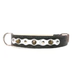 Grote zwarte leren halsband met een opvallende zilveren toplaag, platte zilveren studs en afgeronde zilveren spikes. Voor Labradors, Golden Retrievers en de minder bekende Weimaraner.