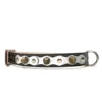 Middelgrote zwarte leren halsband met een glanzende zilveren toplaag, platte zilveren studs en afgeronde zilveren spikes, gezien vanaf de rechterzijde. Voor Beagles, Cocker Spaniëls en het minder bekende Kooikerhondje.