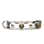 Kleine zwarte leren halsband met een zilveren toplaag, platte zilveren studs en afgeronde zilveren spikes. Voor Chihuahua’s, Pomeranians en de minder bekende Italiaanse Windhond.