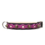 Mittelgroßes schwarzes Lederhalsband mit lebhafter violetter Oberlage, silbernen Nieten und weichen Spikes aus der “Mystic Chic” Linie. Perfekt für elegante Rassen wie den Cocker Spaniel, Beagle und Cavalier King Charles Spaniel, deren Fell gut mit dem luxuriösen Lila harmoniert.