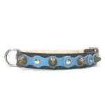 Ambachtelijke zwarte leren halsband met babyblauwe toplaag, zilveren studs en zachte spikes uit de “Ocean Breeze” lijn. Ideaal voor vriendelijke rassen zoals de Cocker Spaniël, Beagle en Cavalier King Charles Spaniël, die natuurlijk harmoniëren met kustblauw.
