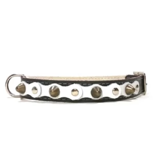 Collar artesanal de cuero negro con capa blanca, tachuelas plateadas y picos de latón del diseño “Pure Chic”, perfecto para Whippets, Basenjis, Kooikerhondjes y Schnauzers medianos.