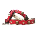 Black leather dog harness featuring a bold red overlay with mixed metal studs and spikes, shown from the right side. The strong contrast between the black base and bright red colour gives the harness a daring, rebellious attitude while keeping a premium, well‑crafted appearance.