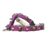 Black leather dog harness featuring a bright purple overlay with alternating studs and pointed spikes, shown from the right side. The vibrant purple tone, strong structure and metallic accents give the harness a powerful, stylish aesthetic with a modern mystical flair.