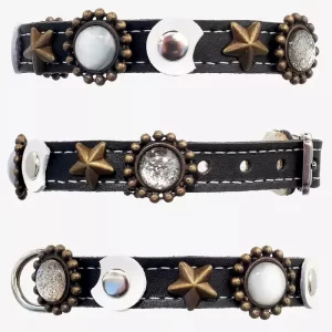 Alle kanten van de luxe leren kattenhalsband met maan en sterren, design Moonlight.
