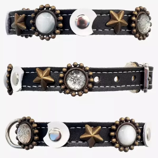 Alle kanten van de luxe leren kattenhalsband met maan en sterren, design Moonlight.