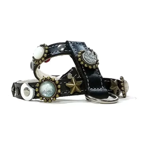 Linkerkant van luxe zwart leren hondentuigje maan en sterren, design Moonlight.