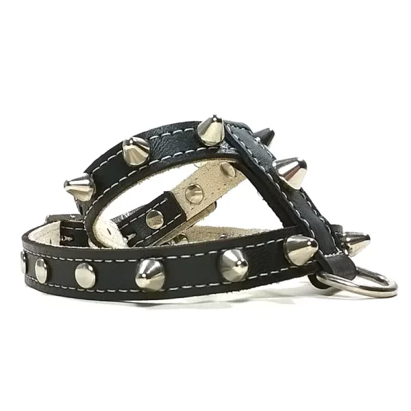 Seite vom Punk Spike schwarz Leder Hundegeschirr mit Nieten.