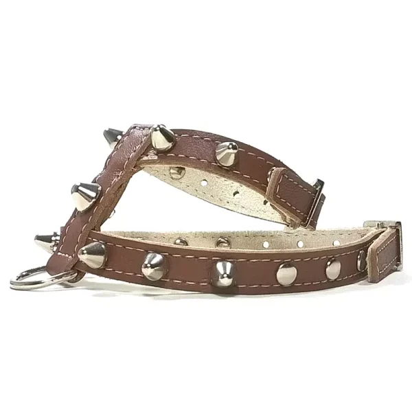 Vorderseite vom Punk Spike braun Leder Hundegeschirr mit Nieten.