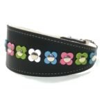Original collier pour lévrier galgo et whippet confortable en cuir noir our marron fait à main avec des fleurs dans des couleurs florales, Design Pastel