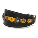 Luxe zeer originele windhond galgo halsband handgemaakt in geel zwart of bruin leer met sierlijke ornamenten, design Brave