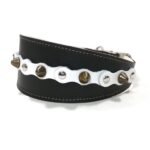 Handgemaakte comfortabele windhond galgo halsband met witte leer patches enelegante studs, design Studded