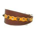 Handgemaakte comfortabele windhond galgo halsband met gele leer patches en elegante studs, design Studded