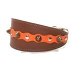 Handgemaakte comfortabele windhond galgo halsband met oranje leren patches en elegante studs, design Studded