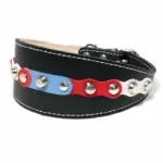 Linke Seitenansicht des handgefertigten “Dutch Breeze” Leder‑Windhundhalsbands, bei dem rotes, weißes und blaues Leder mit glänzenden silbernen Studs in einem markanten Rhythmus kombiniert sind. Die geschwungene Form folgt der eleganten Halslinie eines Windhunds und verleiht dieselbe kraftvolle, lebendige Ausstrahlung für Dackel und Beagles.