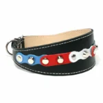 Rechte Seitenansicht des kunstvoll gefertigten “Dutch Breeze” Leder‑Windhundhalsbands, das rotes, weißes und blaues Leder mit fein gesetzten silbernen Studs zeigt. Die verjüngte Silhouette passt ideal zum schlanken Hals eines Whippets und bleibt ebenso ausdrucksstark und farbintensiv für Cavalier King Charles Spaniels und Cocker Spaniels.