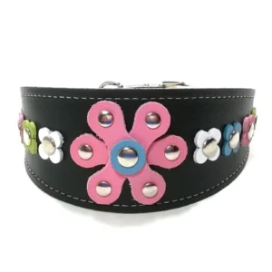 Front view of the handcrafted “Pastel Pop Luxe” greyhound collar in black leather, highlighting the large pastel pink flower centered on the design. The bright, eye‑catching style suits a Whippet, and adds the same vibrant, joyful flair to Salukis and Cocker Spaniels.