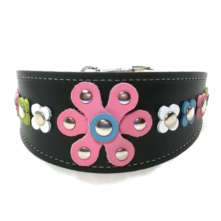 Front view of the handcrafted “Pastel Pop Luxe” greyhound collar in black leather, highlighting the large pastel pink flower centered on the design. The bright, eye‑catching style suits a Whippet, and adds the same vibrant, joyful flair to Salukis and Cocker Spaniels.