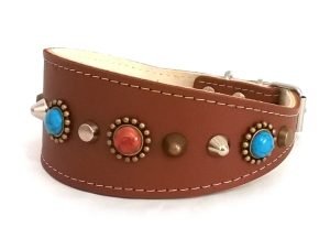 Exklusives Luxus Windhund Galgo Halsband mit Türkis Farbe Steinen und Nieten