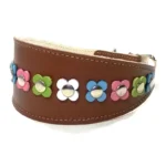 Linke Seitenansicht des braunen Leder‑Windhundhalsbands “Pastel Petal Pop”, verziert mit sanften Pastellblumen für einen warmen, natürlichen Boho‑Charakter. Beschreibend für empfindliche‑Hals Rassen wie Cavalier King Charles Spaniel, Beagle und Dackel.
