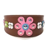 Front view of the handcrafted “Pastel Pop Luxe” greyhound collar in brown leather, highlighting the large pastel pink flower centered on the design. The bright, eye‑catching style suits a Whippet, and brings the same playful, vibrant flair to Pharaoh Hounds and Cavalier King Charles Spaniels.