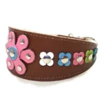 Left‑side view of the handmade “Pastel Pop Luxe” greyhound collar in brown leather, featuring a large sculpted pink flower with a bright, vibrant finish. The curved shape suits a Greyhound, and brings the same cheerful floral style to Salukis and Cocker Spaniels.