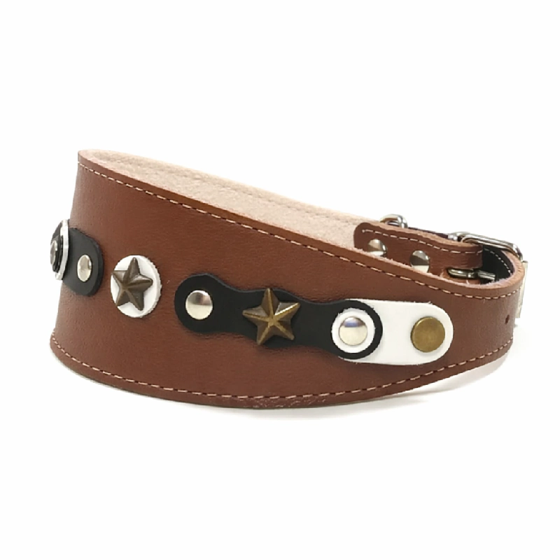brown-leather-greyhound-collar-ska-star-left-side Windhundhalsband mit Schwarz Weiß Lederpatches & Messing Sternen – “Ska Star” – Bild 1