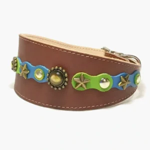 Linke Seitenansicht des handgefertigten “Springtime Spark” Leder‑Windhundhalsbands, in dem pastellgrünes und hellblaues Leder zu einer sanften, frischen Frühlingskombination verschmelzen. Die geschwungene Form folgt der eleganten Halslinie eines Windhunds und verleiht dieselbe leichte, moderne Ausstrahlung für Dackel und Beagles.