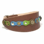 Rechte Seitenansicht des kunstvoll gefertigten “Springtime Spark” Leder‑Windhundhalsbands, mit pastellgrünen und hellblauen Lederpartien, die sauber und fein verarbeitet sind. Die verjüngte Silhouette passt ideal zum schlanken Hals eines Whippets und bleibt ebenso elegant und frisch für Cavalier King Charles Spaniels und Cocker Spaniels.